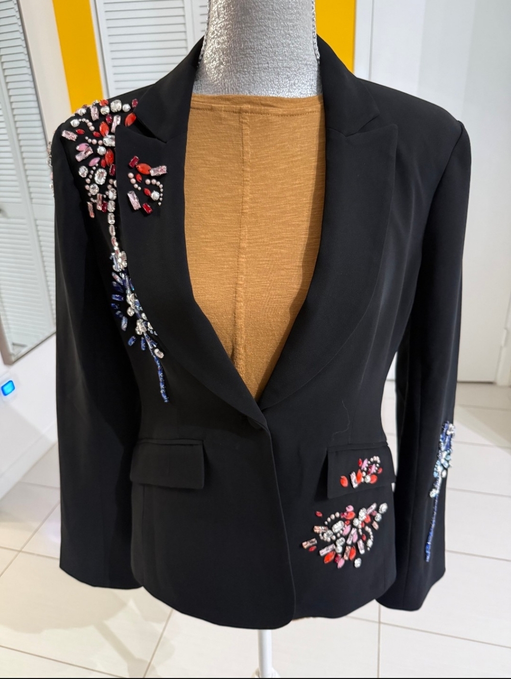 cinq a sept Black Blazer with Multicolor Crystal Embellishments